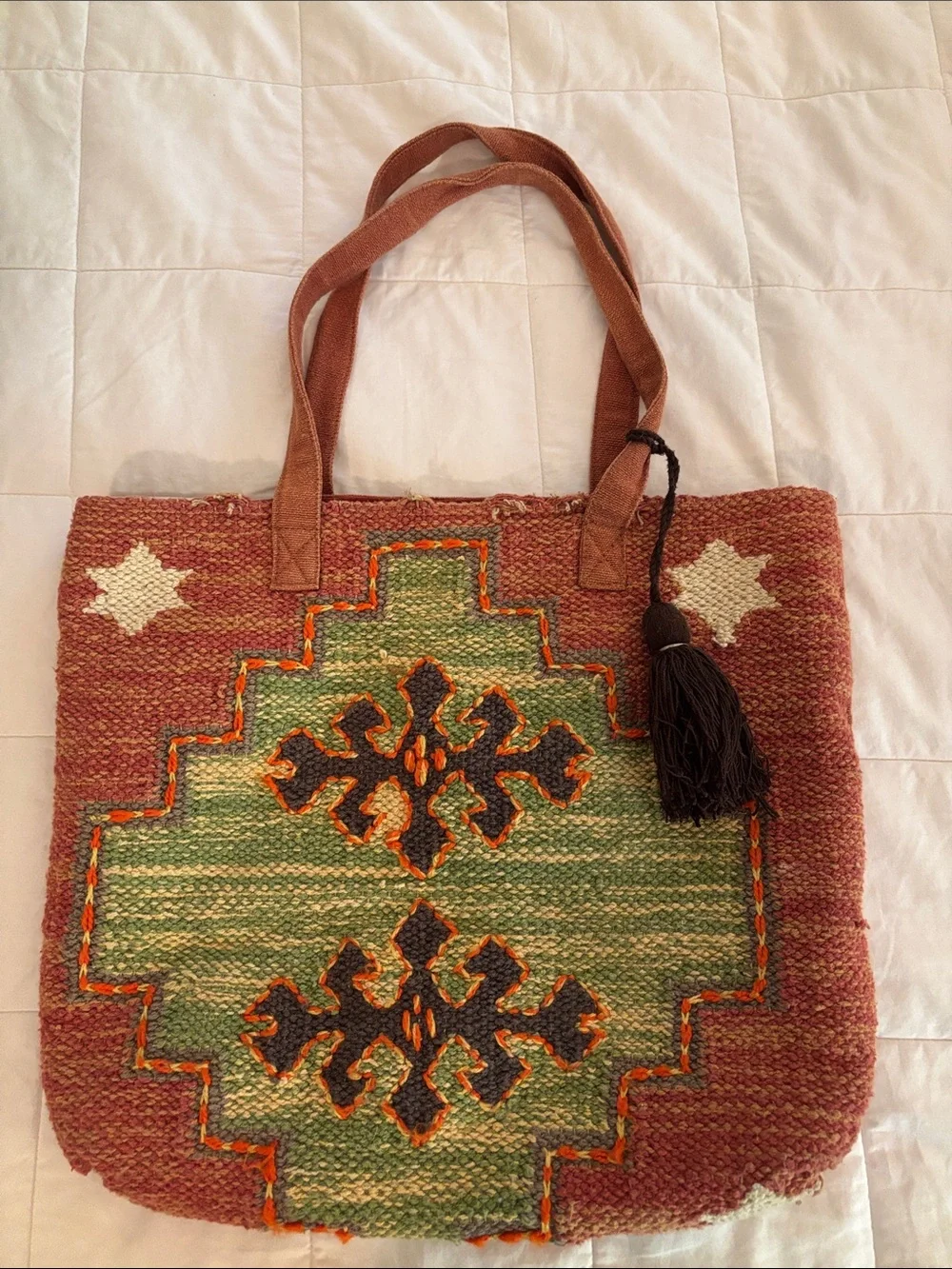 World Market Red-Brown and Green Woven Tote with Tassel 15x17 inches